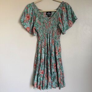 Angie Women XS Floral Smocked Tiered Mini Dress Blue Pink Boho Flutter Sleeve